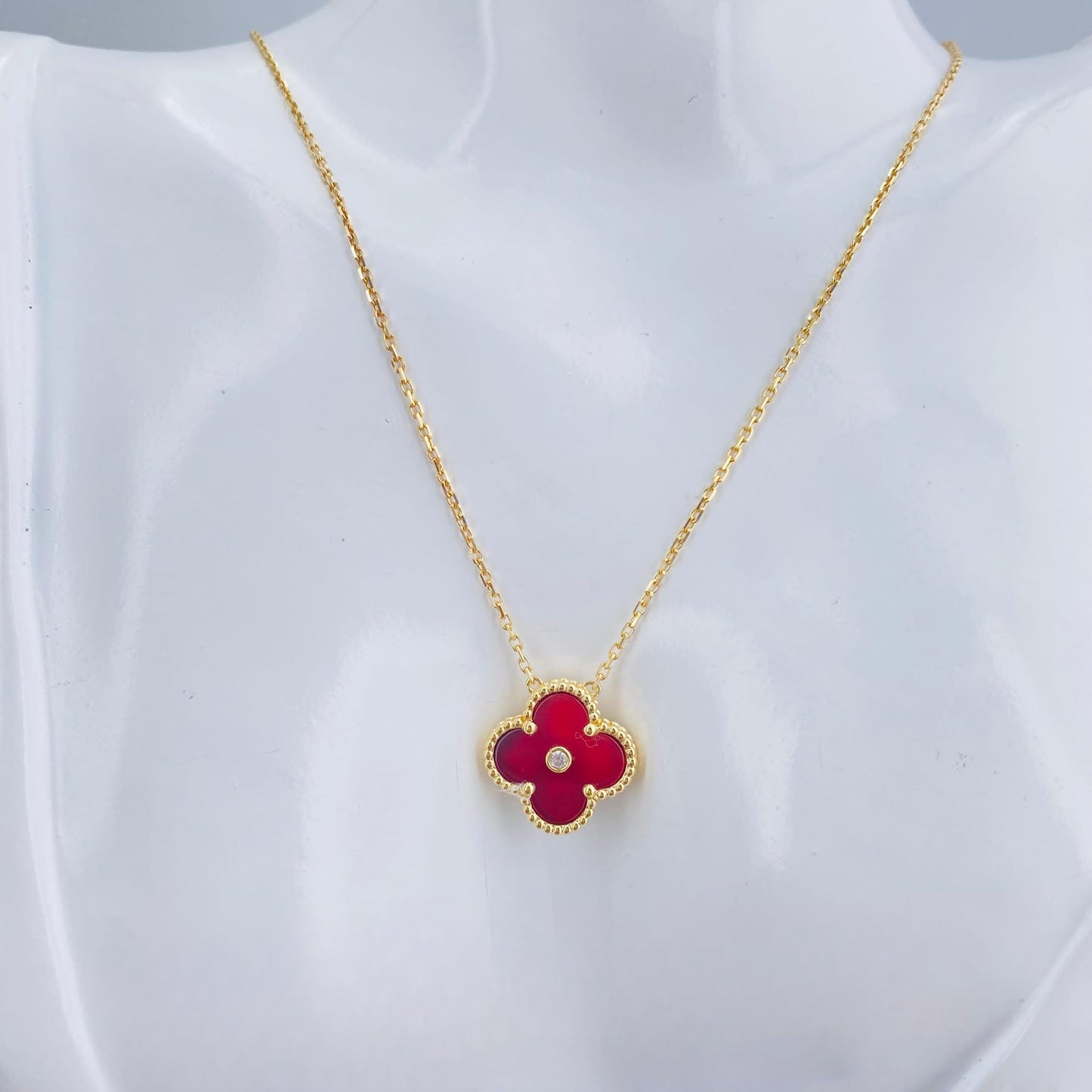 Real 18K Gold VCA-Inspired w/ Red Pendant & Moissanite Necklace