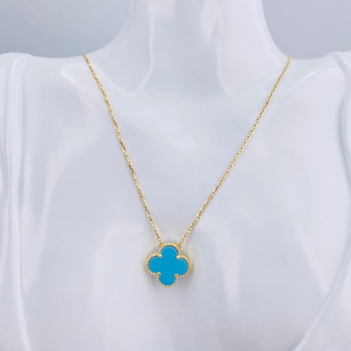 Real 18K Gold VCA-Inspired w/ Sky Blue Pendant Necklace