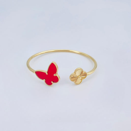 Real 18K Gold VCA-Inspired Red & Gold Clover Bangle