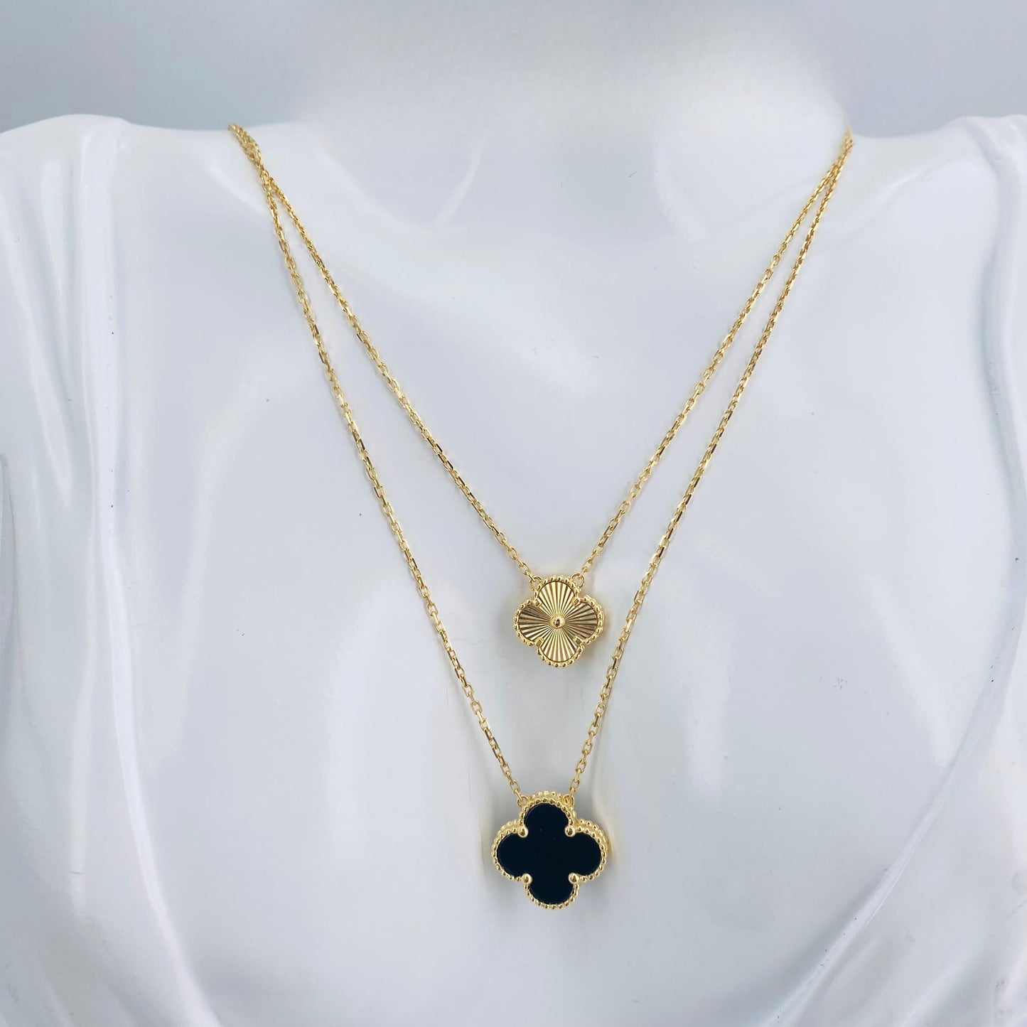 Real 18K Gold VCA-Inspired w/ Black and Gold Clover Pendant Necklace