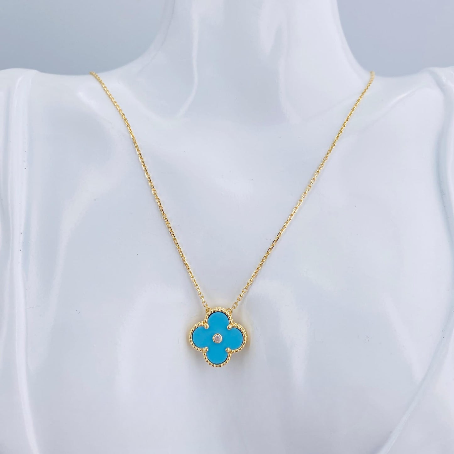 Real 18K Gold VCA-Inspired w/ Sky Blue Pendant & Moissanite Necklace