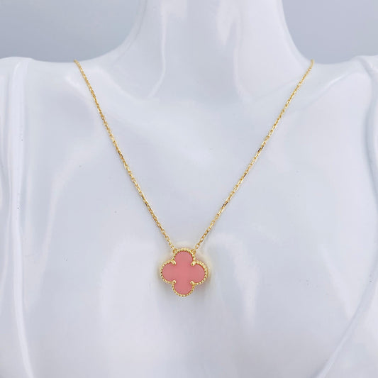 Real 18K Gold VCA-Inspired w/ Pink Pendant Necklace