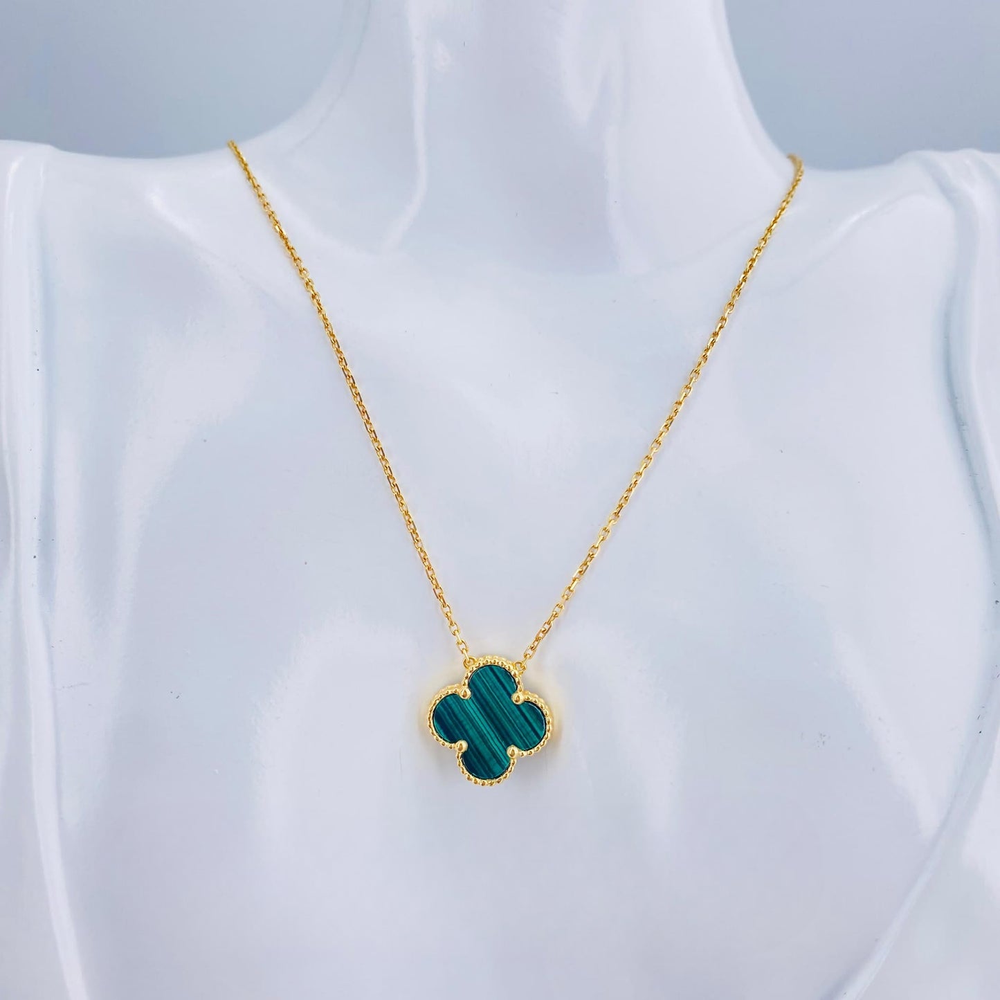 Real 18K Gold VCA-Inspired w/ Green Pendant Necklace