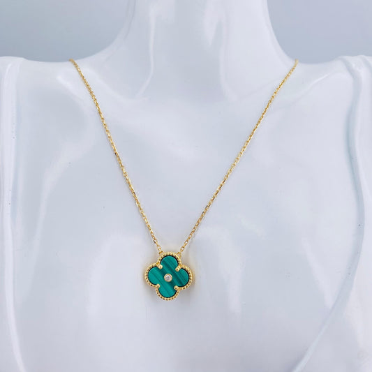 Real 18K Gold VCA-Inspired w/ Green Pendant & Moissanite Necklace