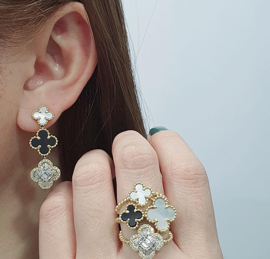 14K Gold Clover Diamond Earrings & Ring Set Valentines Gift, Gift for Her, Holiday Gift VVS Color G-H