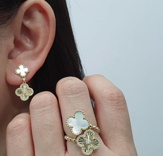 14K Gold Clover Diamond Earrings & Ring Valentines Gift, Gift for Her, Holiday Gift VVS Color G-H