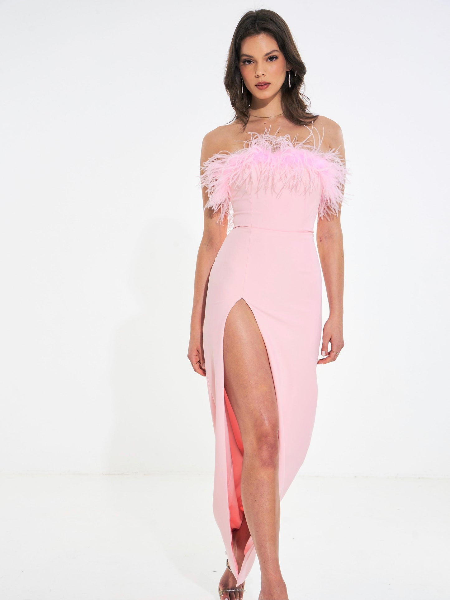 Rachel Pink Feather Maxi High Slit Dress 2525MC43 Jennylyn Collection