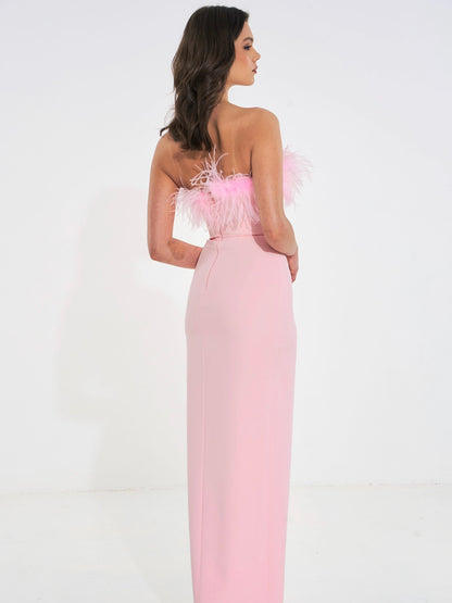 Rachel Pink Feather Maxi High Slit Dress 2525MC43 Jennylyn Collection