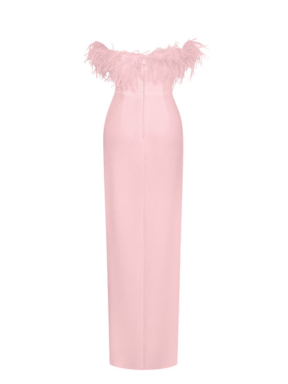 Rachel Pink Feather Maxi High Slit Dress 2525MC43 Jennylyn Collection