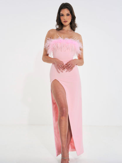 Rachel Pink Feather Maxi High Slit Dress 2525MC43 Jennylyn Collection