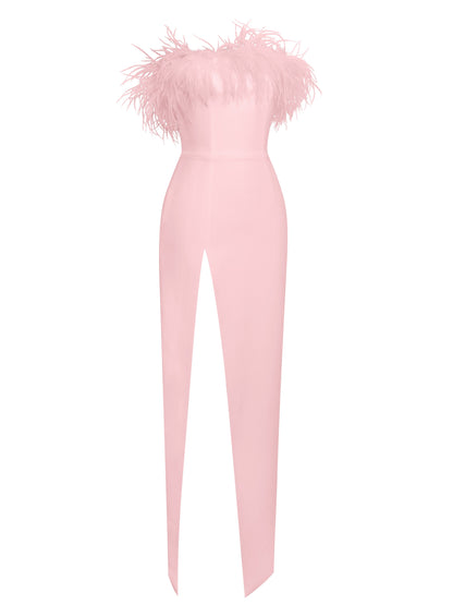 Rachel Pink Feather Maxi High Slit Dress 2525MC43 Jennylyn Collection