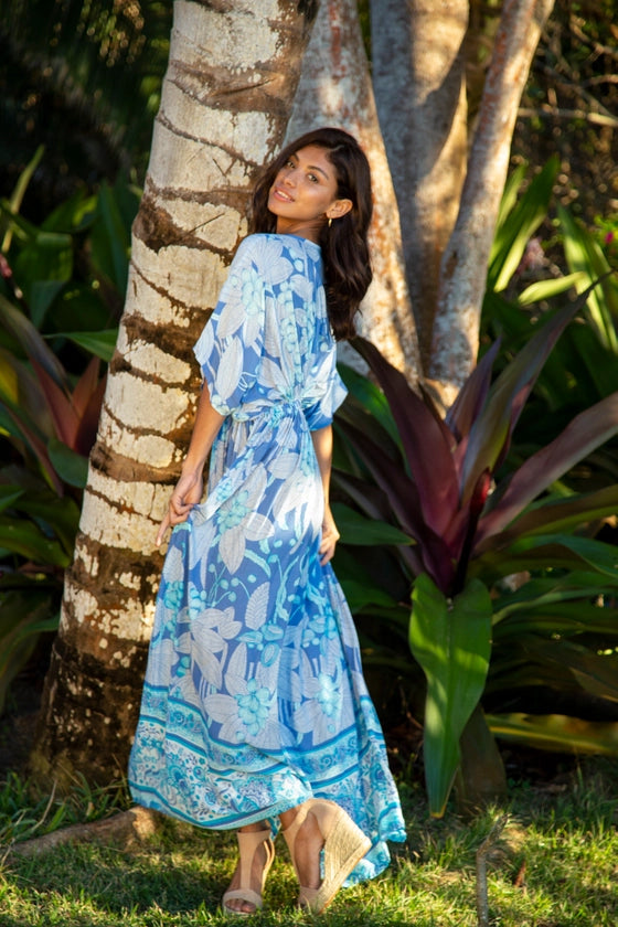 Summer Maxi Amy Kimono Dress in Bahamas Teal Rainbow, Beach Jennylyn Collection