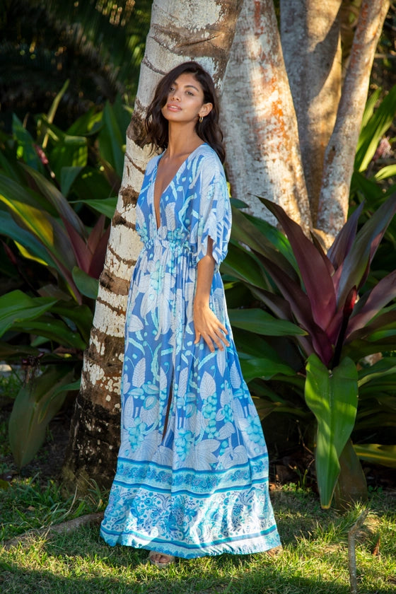 Summer Maxi Amy Kimono Dress in Bahamas Teal Rainbow, Beach Jennylyn Collection