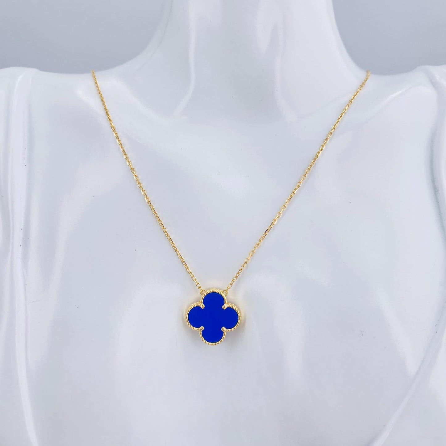 Real 18K Gold VCA-Inspired w/ Blue Pendant Necklace